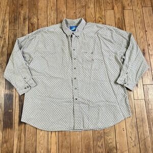 Vintage Grand Isle Mens 4X Button Down Shirt Tan Beige Checkered Cotton Compass